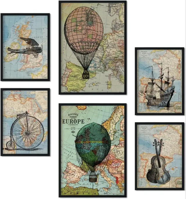 Conjunto 6 Láminas Mapas Vintage Decorados A3 y A4