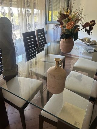Mesa comedor cristal y 6 sillas madera
