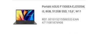 Portátil ASUS F1500EA-EJ2535W i3 8GB 512GB SSD