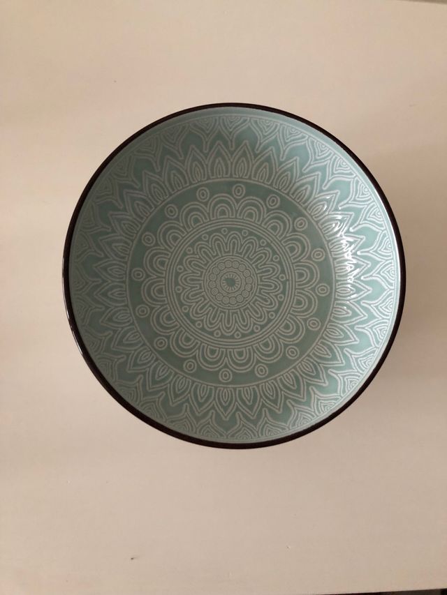 6 Platos Hondos Cerámica Teal y Marrón