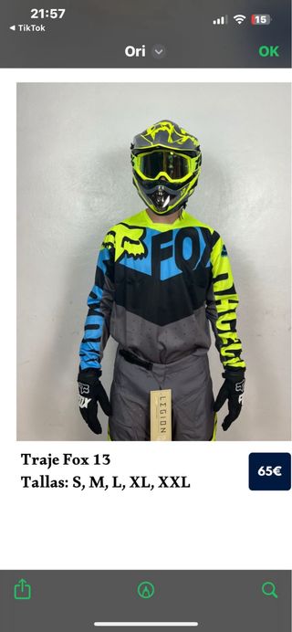Traje Fox 13 Tallas S y guantes M 