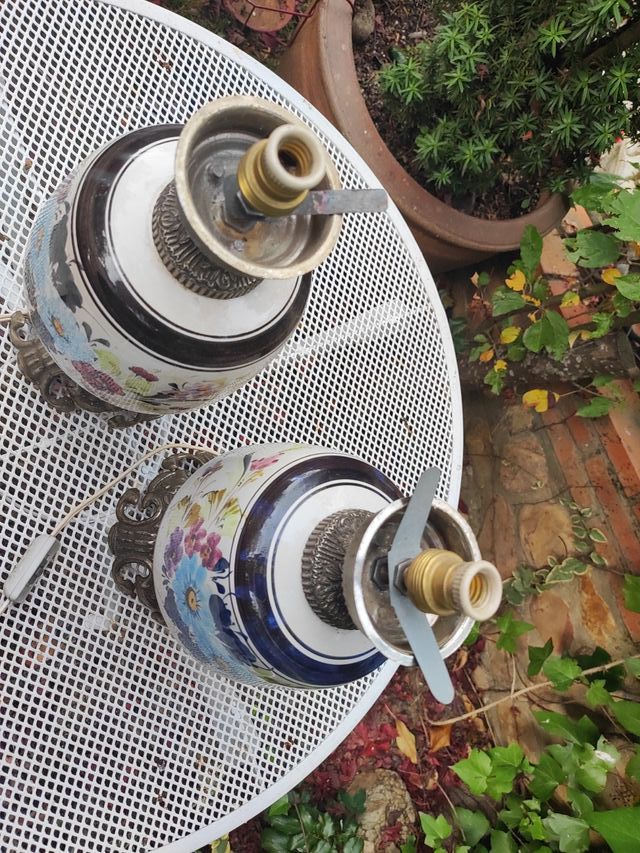 Pareja de lámparas quinque cerámica vintage floral