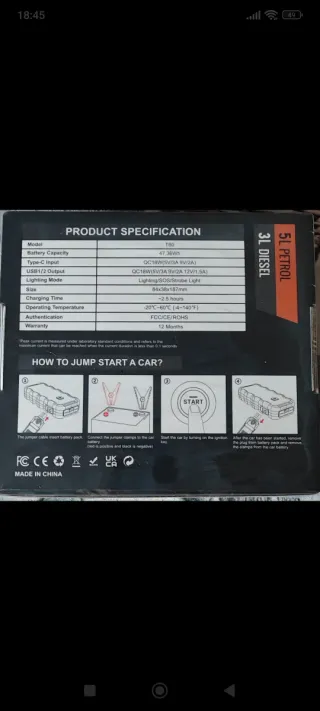 Arrancador Baterías Coche 3L Diesel/5L Gasolina