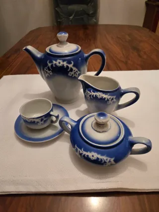 Juego de café antiguo azul y blanco