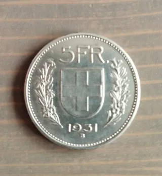 Moneda plata 5 francos Suiza año 1931
