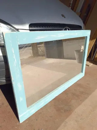 Espejo vintage madera azul y blanco