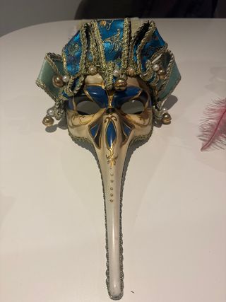 Maschera lunga di carnevale veneziano beige blu