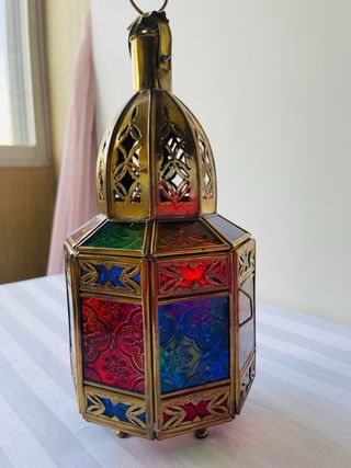 Lampara farol árabe artesanal cristal y metal