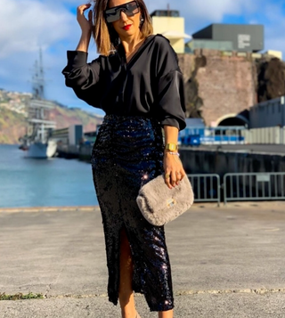 Falda fiesta drapeada midi Zara lentejuelas negra