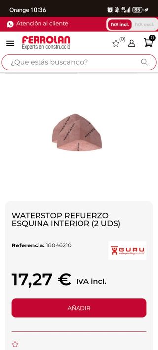 Refuerzo Esquina Interior WATERSTOP W-S DIN
