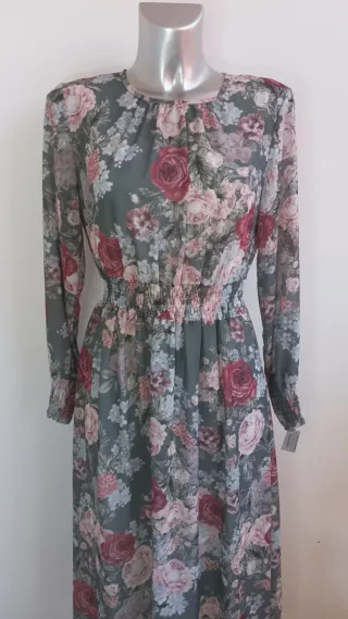 Vestido Midi Flores Manga Larga Talla M