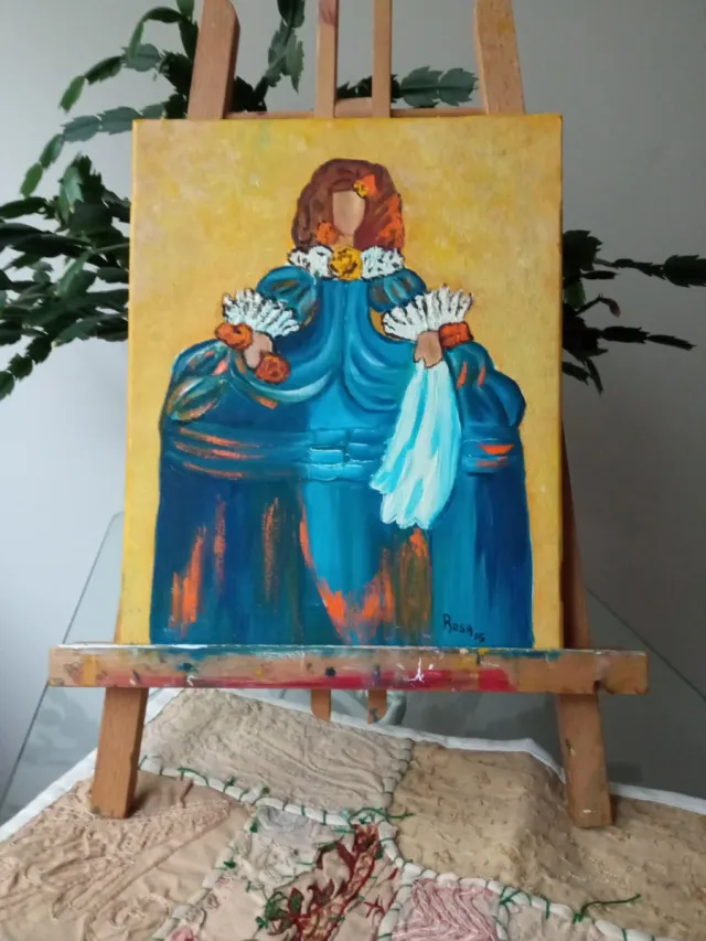 Lienzo óleo Menina azul y amarillo