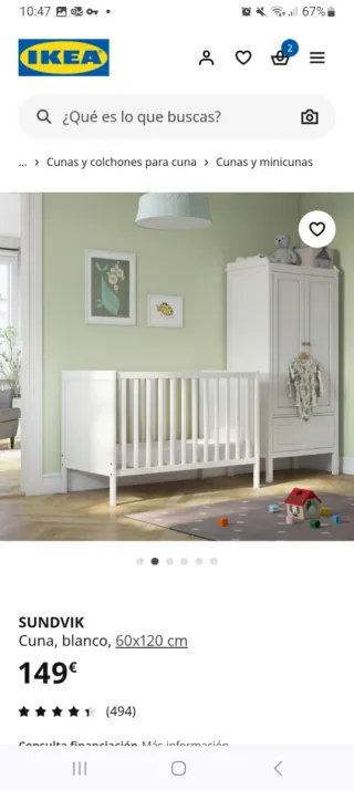 Cuna colecho Ikea Sundvik blanca con colchón