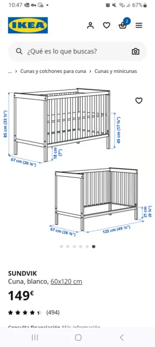 Cuna colecho Ikea Sundvik blanca con colchón