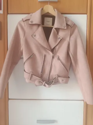 Chaqueta Biker Mango Antelina Rosa Palo