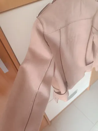 Chaqueta Biker Mango Antelina Rosa Palo