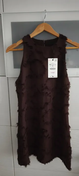 Vestido mini Zara, talla M, marrón, con kimono S