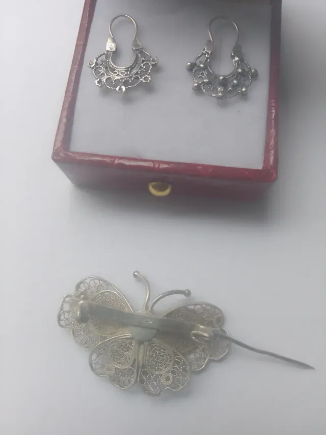 Broche y pendientes antiguos plata filigrana