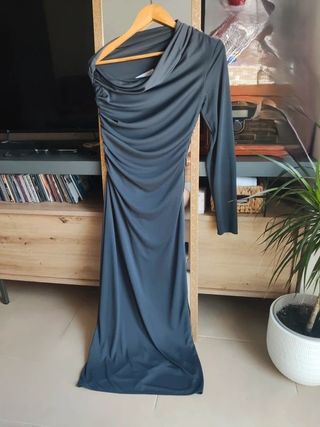 Vestido largo ZARA asimétrico una manga verde gris