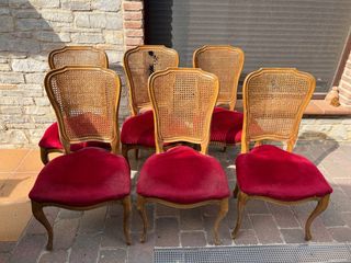 6 Sillas Estilo Luis XIV Caña y Terciopelo