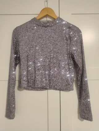 Blusa Mango Lentejuelas Manga Larga Plata