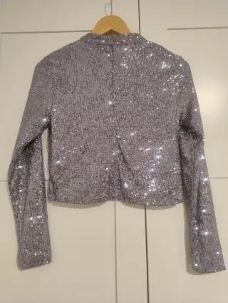 Blusa Mango Lentejuelas Manga Larga Plata