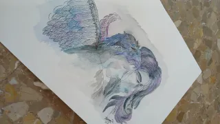 Pintura acuarela abstracta mujer y ala