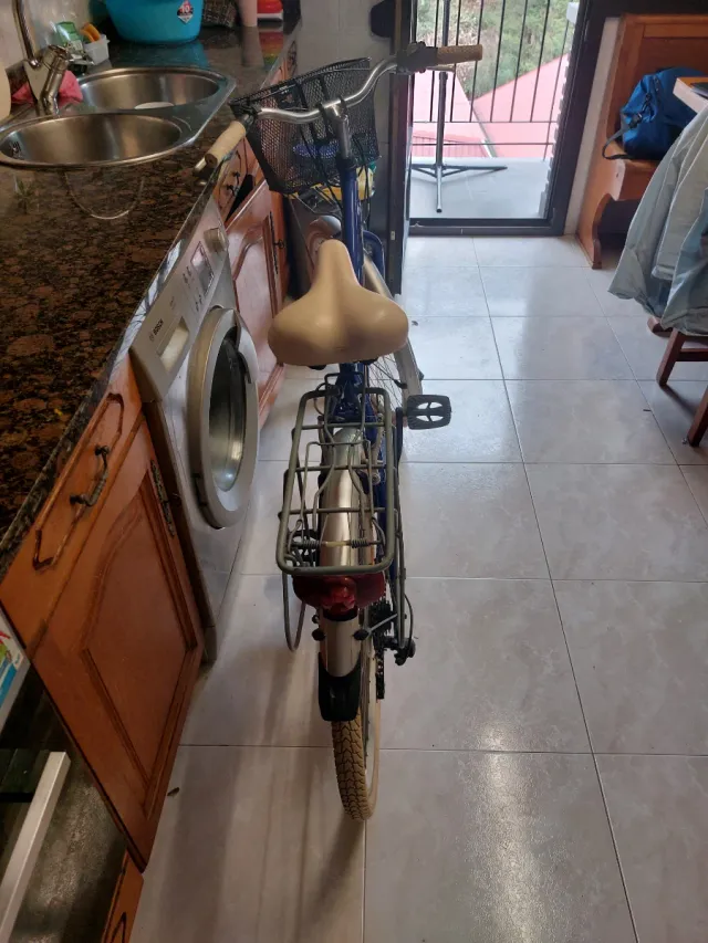 Bicicleta azul con cesta y portabultos