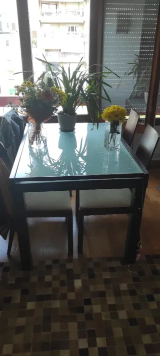 Mesa de comedor cristal y madera