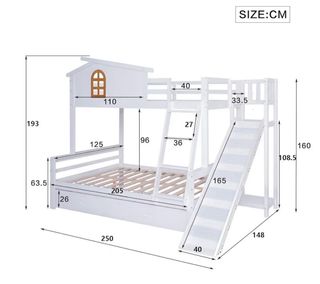 Litera blanca con ventana, escaleras y tobogán.