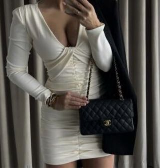 Vestido Zara Beige Claro Ruched Manga Larga