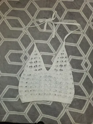Top crop ganchillo blanco atado cuello Talla S