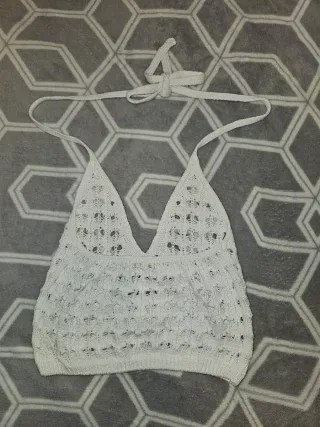 Top crop ganchillo blanco atado cuello Talla S