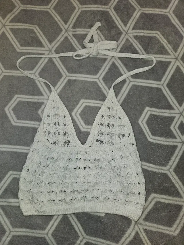 Top crop ganchillo blanco atado cuello Talla S