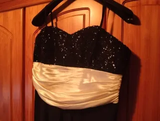 Vestido fiesta o boda negro y beis con lentejuelas