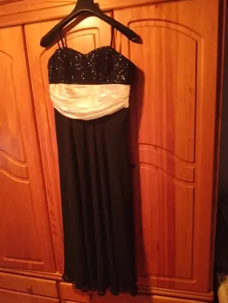 Vestido fiesta o boda negro y beis con lentejuelas