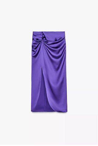 Falda midi satinada morada con nudo