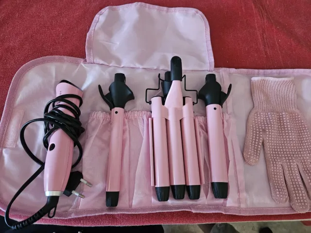 Rizador de pelo rosa con accesorios