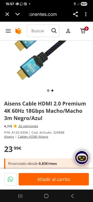Cable HDMI Aisens V2.0 4K 18Gbps 3m