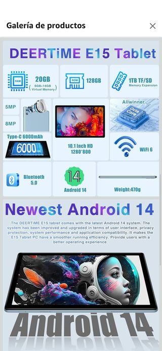 DEERTiME Tablet 10 Pulgadas Android 14 con 20GB RA