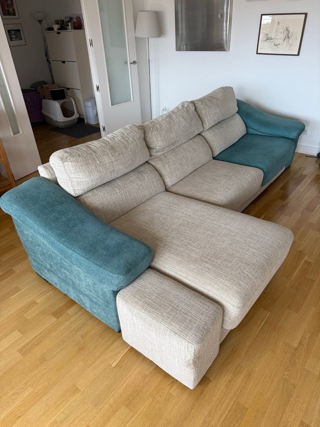 Sofá modular 4 plazas beige y turquesa