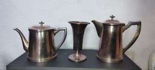 Juego Alpaca Antiguo: Cafetera, Tetera y Copa