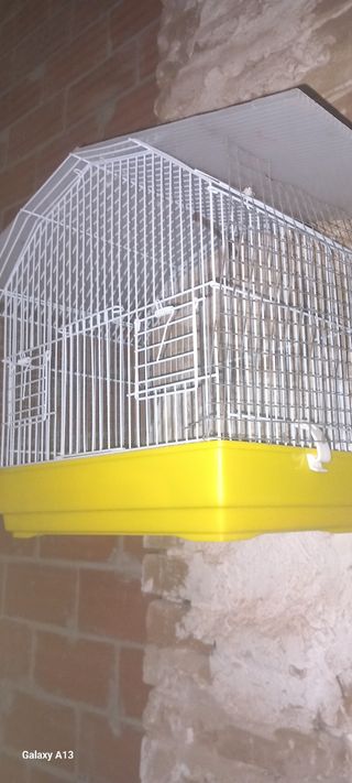 Jaula para pájaros blanca y amarilla