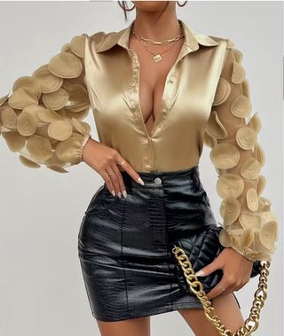 Blusa dorada M con mangas transparentes