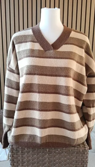 Jersey Ancho Mujer Talla M Rayas Beige y Marrón