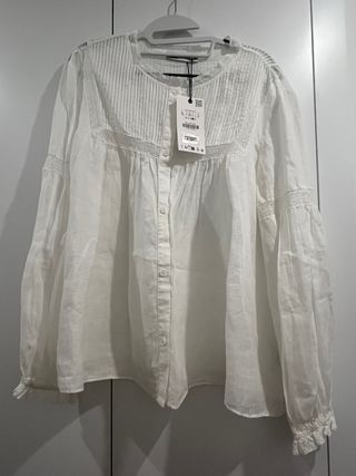 Blusa Zara Lino Romántica Blanca Talla L