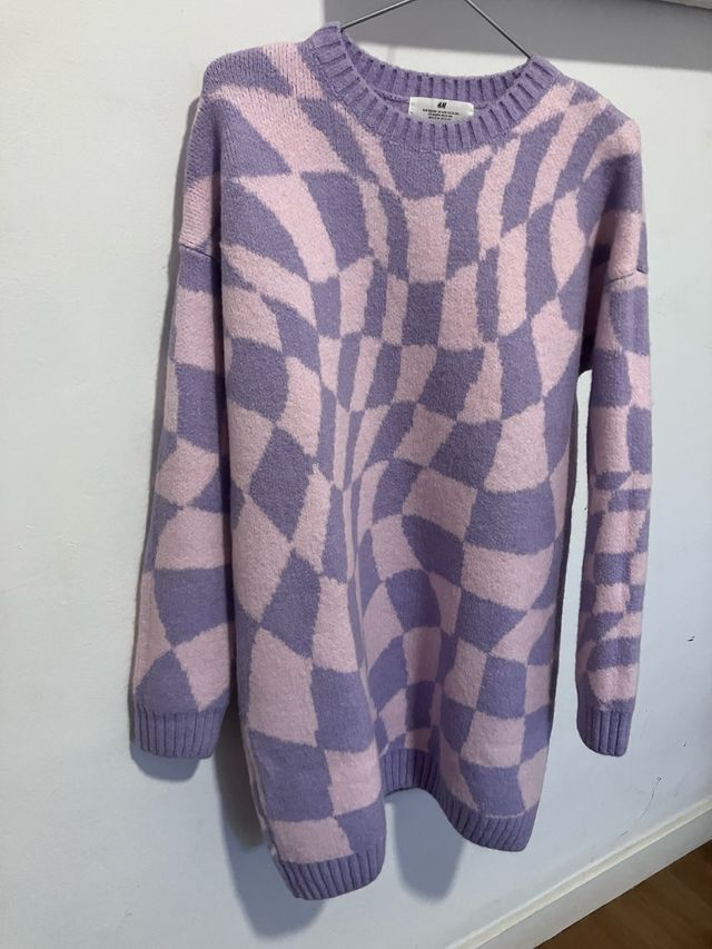 Vestido Jersey H&M Cuadros Morado Rosa Talla 12-14