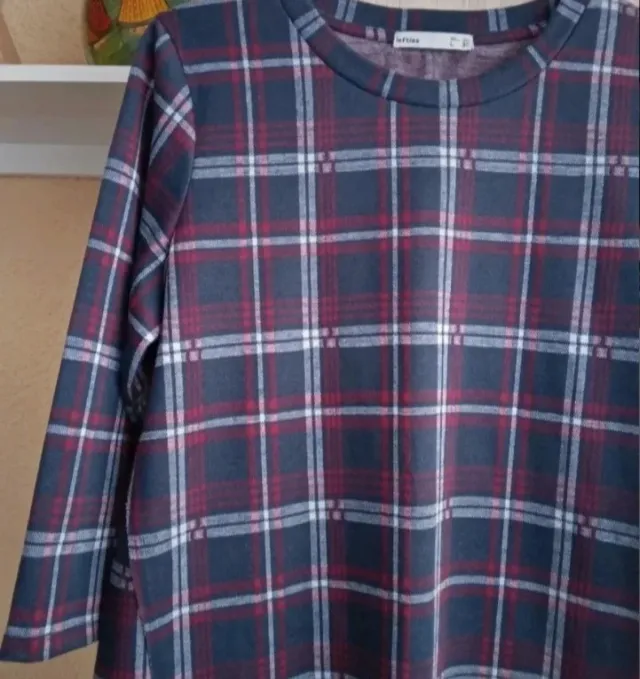 (L) Vestido corto de manga larga a cuadros 