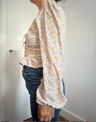 Top Cropped Floral Fruncido Escote Lazo Talla S