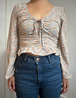Top Cropped Floral Fruncido Escote Lazo Talla S